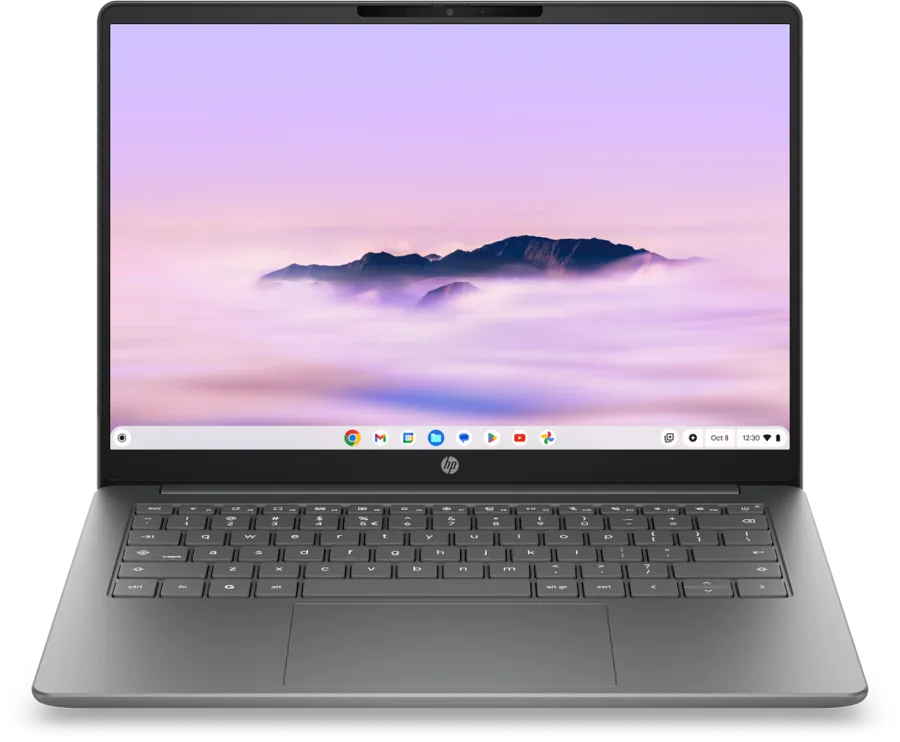 HP Chromebook Plus 14 (2026) in Glacier Silver, front view