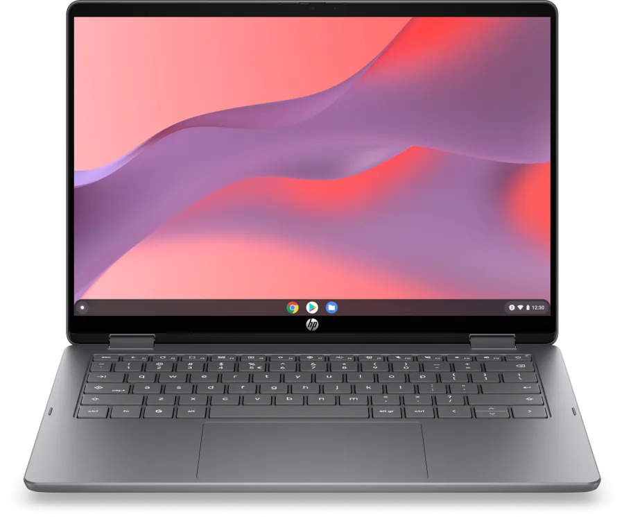 HP Chromebook x360 14 (2026) convertible in Glacier Silver, front view